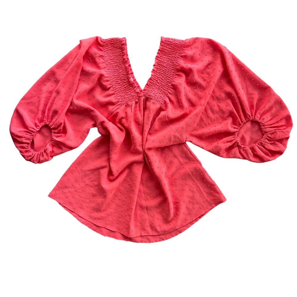 ODDY Women's M Coral Pink
Swiss Dot Bishop Sleeve Smocked V
Neck Bohemian Blouse